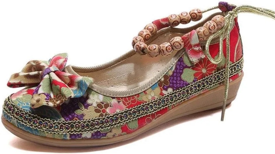 Women's Beading Round Toe Floral Embroidered Shoes Women Lace Up Colorful Casual Ballet Flats Shoes