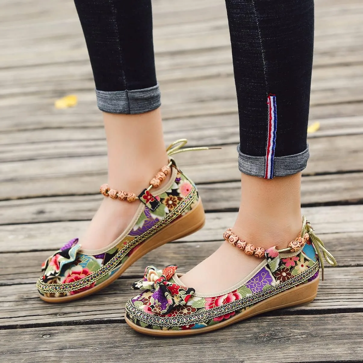 Women's Beading Round Toe Floral Embroidered Shoes Women Lace Up Colorful Casual Ballet Flats Shoes
