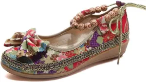 Women's Beading Round Toe Floral Embroidered Shoes Women Lace Up Colorful Casual Ballet Flats Shoes