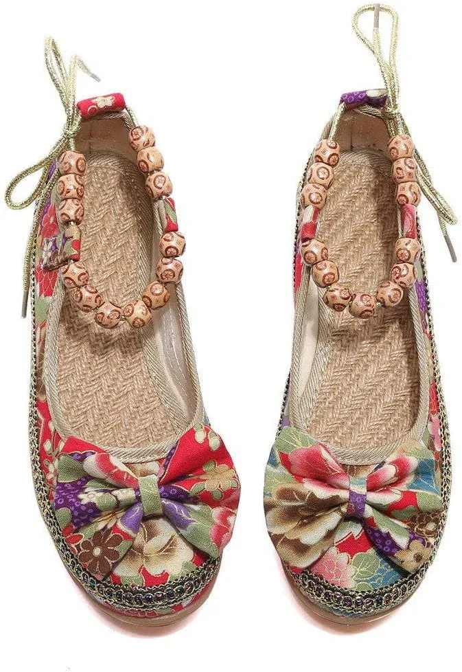 Women's Beading Round Toe Floral Embroidered Shoes Women Lace Up Colorful Casual Ballet Flats Shoes
