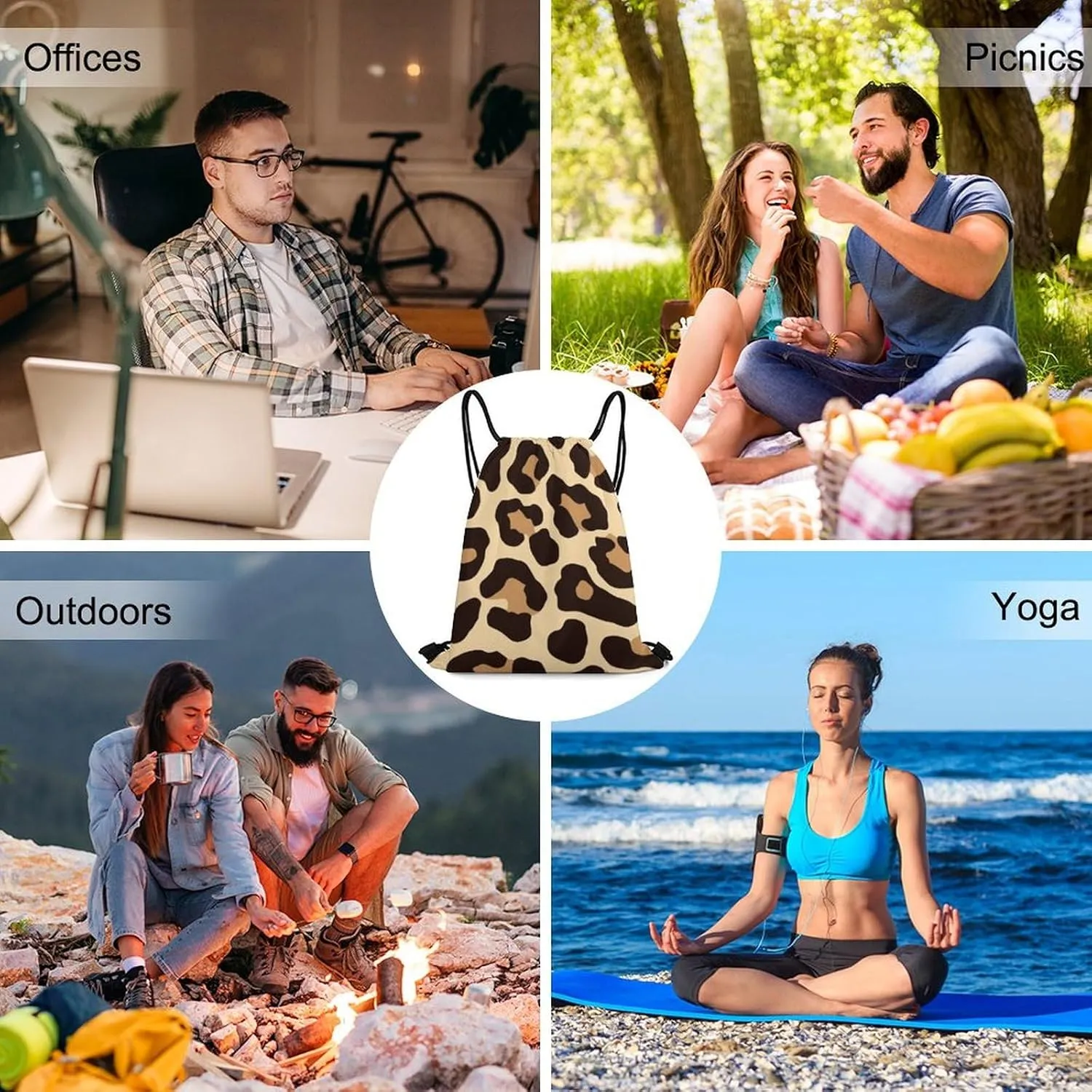 Women's Handbag Drawstring Bag, Novelty Waterproof Lightweight Backpack, Cool Cheetah Leopard Print Large Capacity Shopping Storage Pouch Sports Bags for Yoga