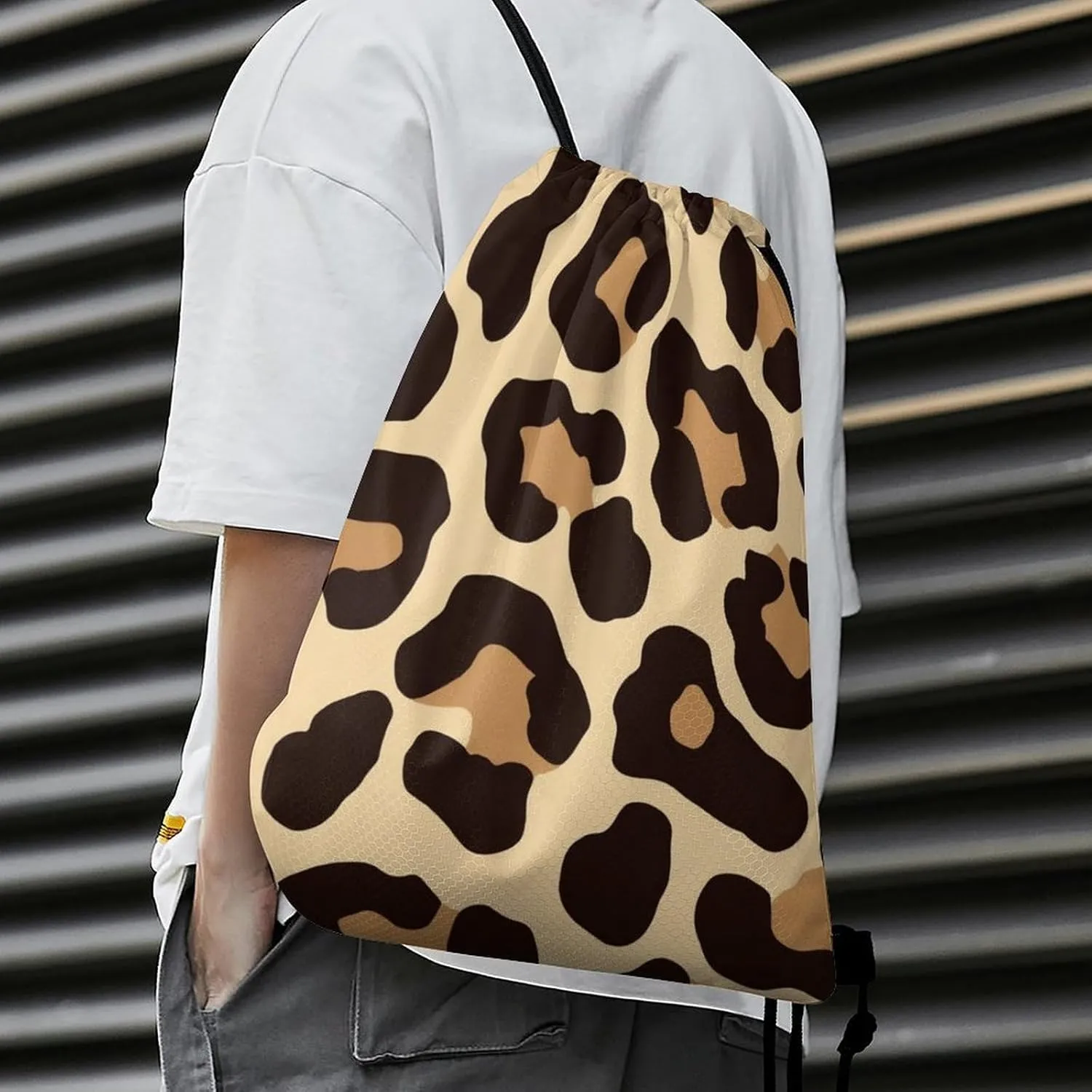 Women's Handbag Drawstring Bag, Novelty Waterproof Lightweight Backpack, Cool Cheetah Leopard Print Large Capacity Shopping Storage Pouch Sports Bags for Yoga
