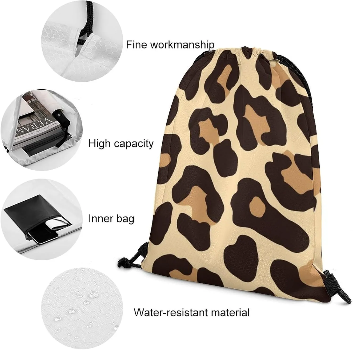 Women's Handbag Drawstring Bag, Novelty Waterproof Lightweight Backpack, Cool Cheetah Leopard Print Large Capacity Shopping Storage Pouch Sports Bags for Yoga