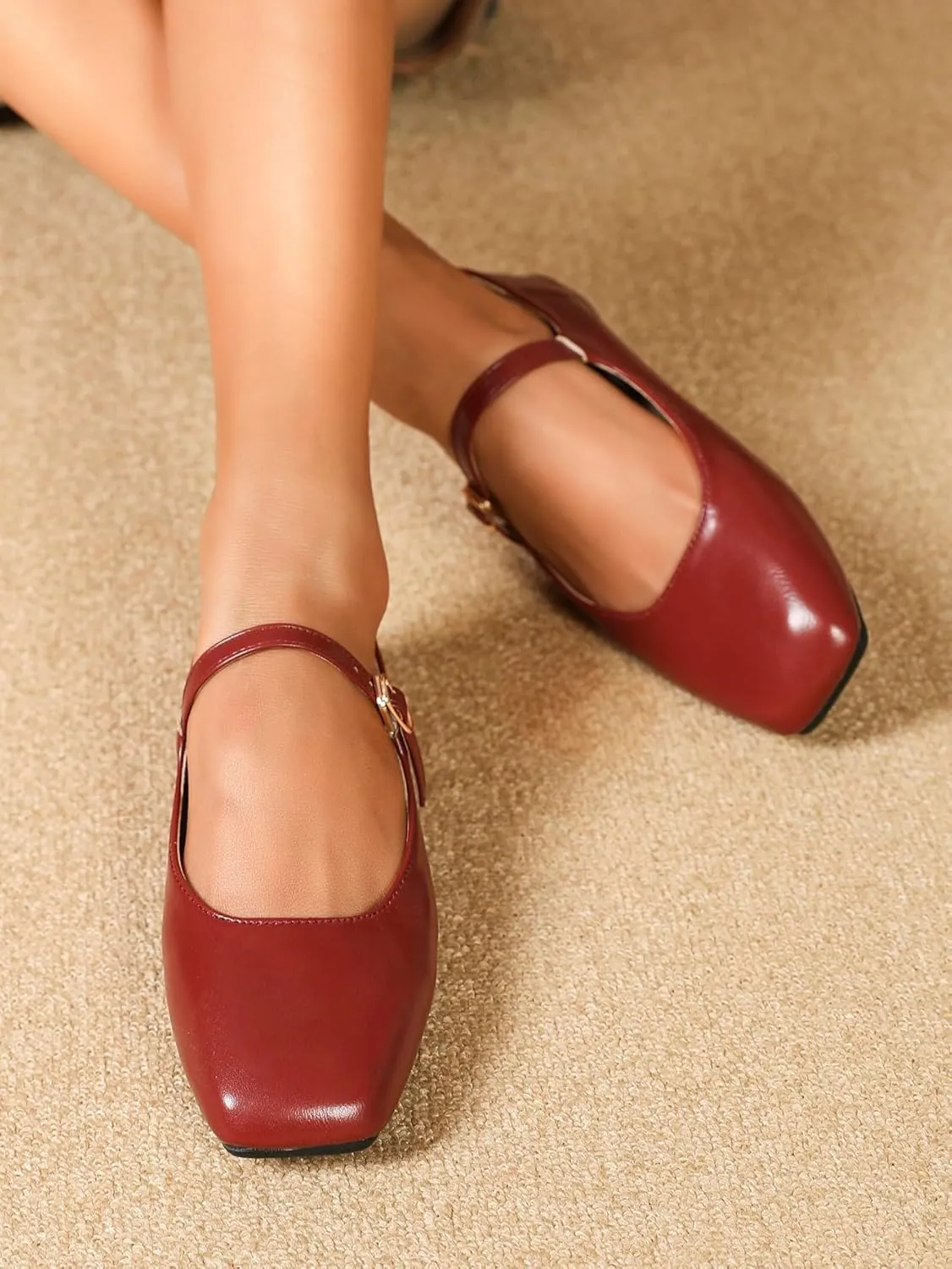 Women's Mary Jane Ballet Flats, Pink Leather, Square Toe, Buckle Strap