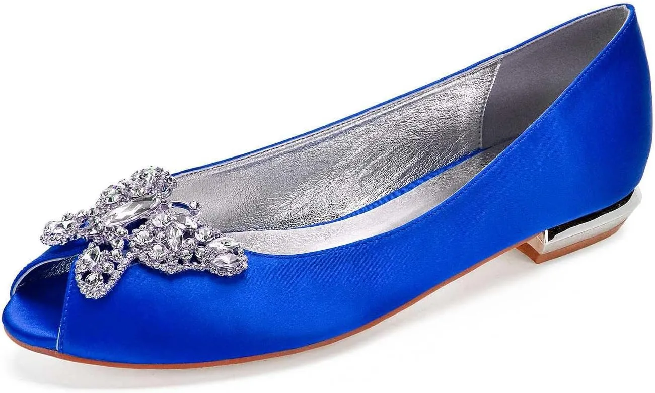 Women's Open Toe Satin Wedding Flats - Comfortable Bridal Shoes with Rhinestones, Elegant Formal Slip-On Dress Shoes, Ballet Flats for The Bride
