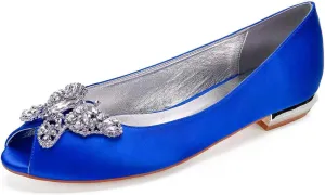 Women's Open Toe Satin Wedding Flats - Comfortable Bridal Shoes with Rhinestones, Elegant Formal Slip-On Dress Shoes, Ballet Flats for The Bride