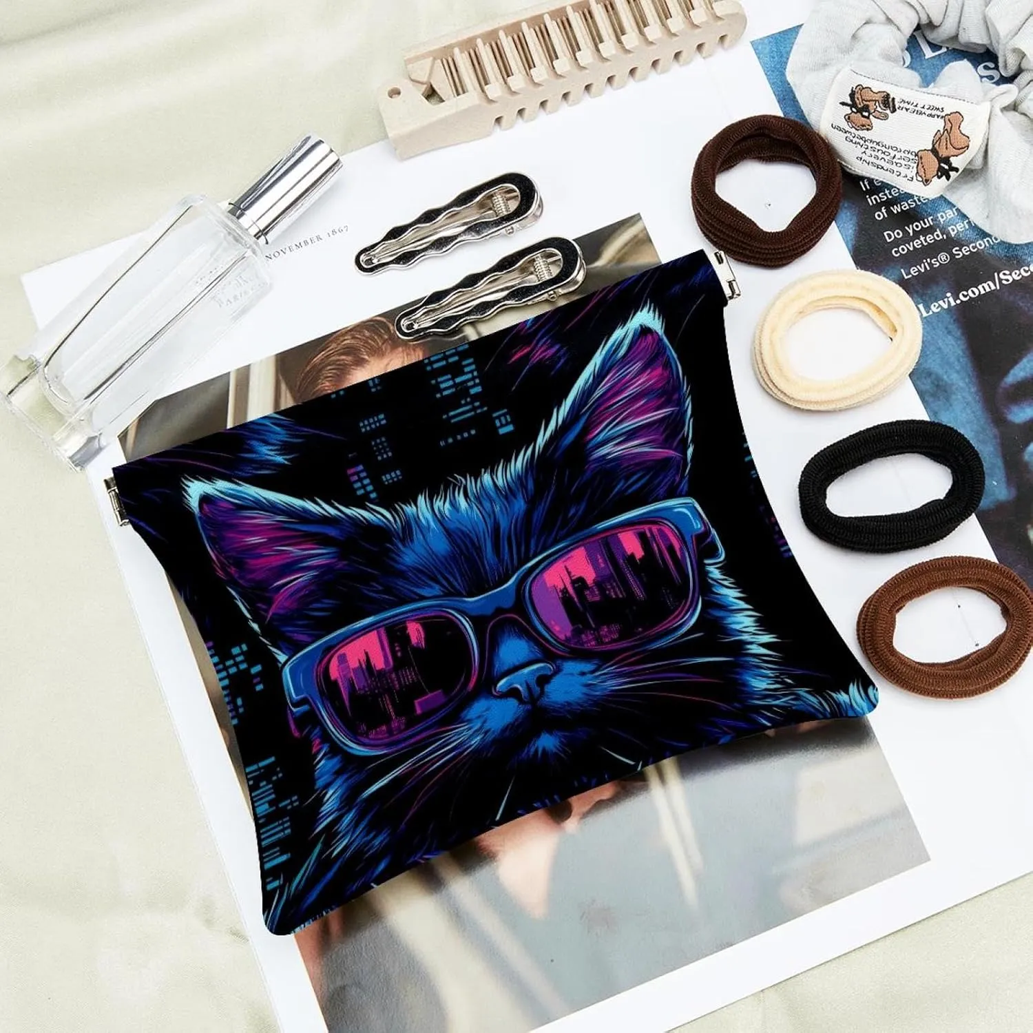 Women’s Pocket Cosmetic Bags, Waterproof Leather Makeup Bag No Zipper Self-Closing Makeup Pouch for Girls, Mini Bag for Purse - Cool Kitten Faces with Sunglasses