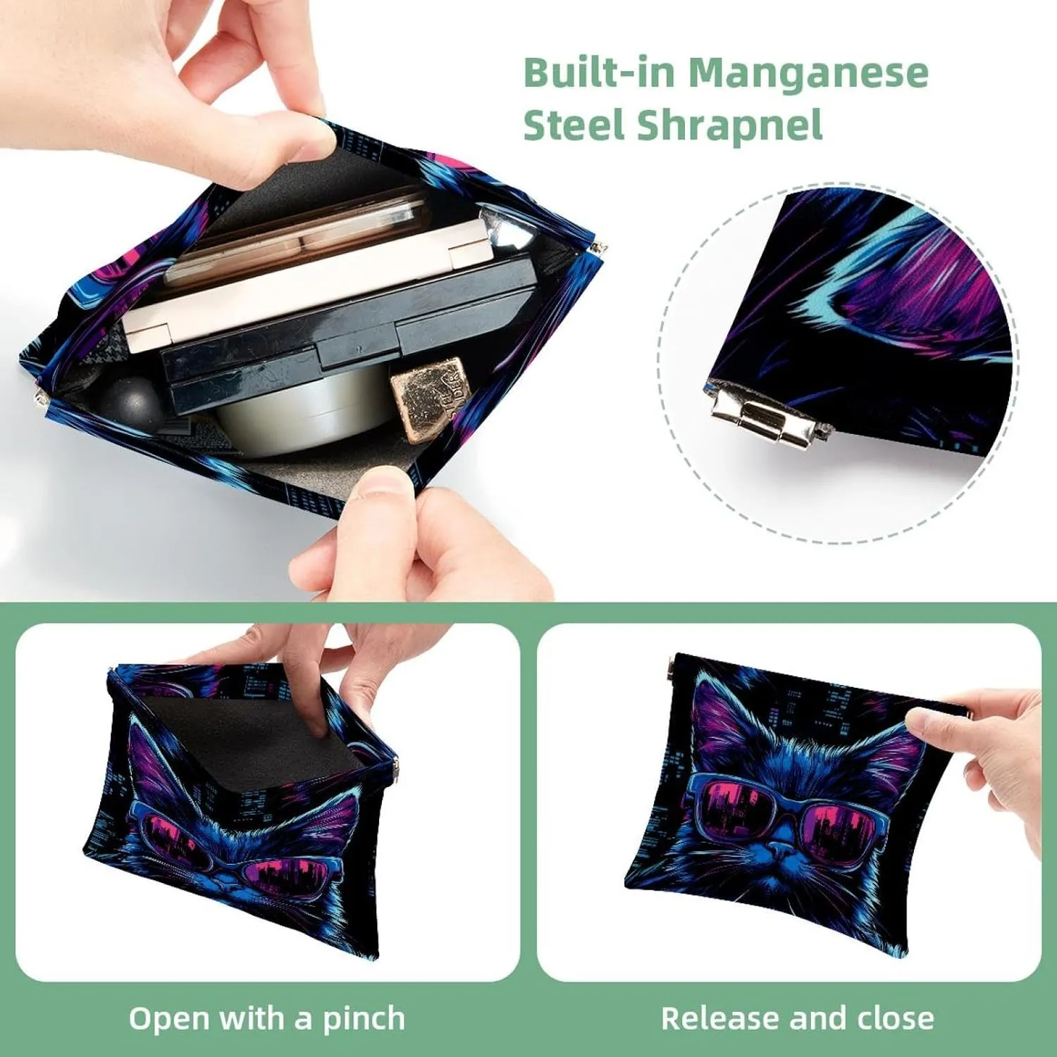 Women’s Pocket Cosmetic Bags, Waterproof Leather Makeup Bag No Zipper Self-Closing Makeup Pouch for Girls, Mini Bag for Purse - Cool Kitten Faces with Sunglasses