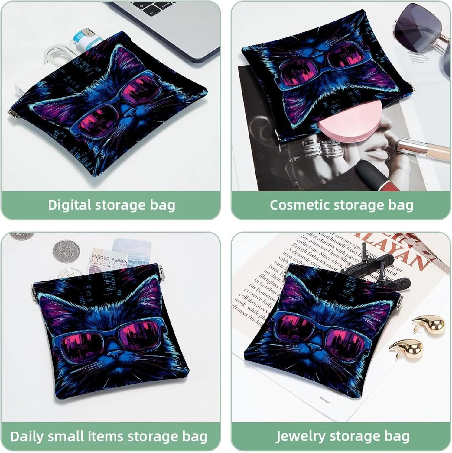 Women’s Pocket Cosmetic Bags, Waterproof Leather Makeup Bag No Zipper Self-Closing Makeup Pouch for Girls, Mini Bag for Purse - Cool Kitten Faces with Sunglasses