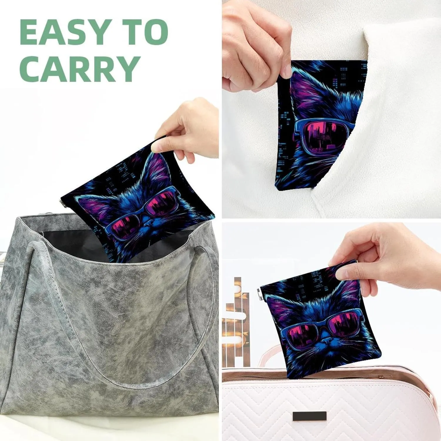 Women’s Pocket Cosmetic Bags, Waterproof Leather Makeup Bag No Zipper Self-Closing Makeup Pouch for Girls, Mini Bag for Purse - Cool Kitten Faces with Sunglasses