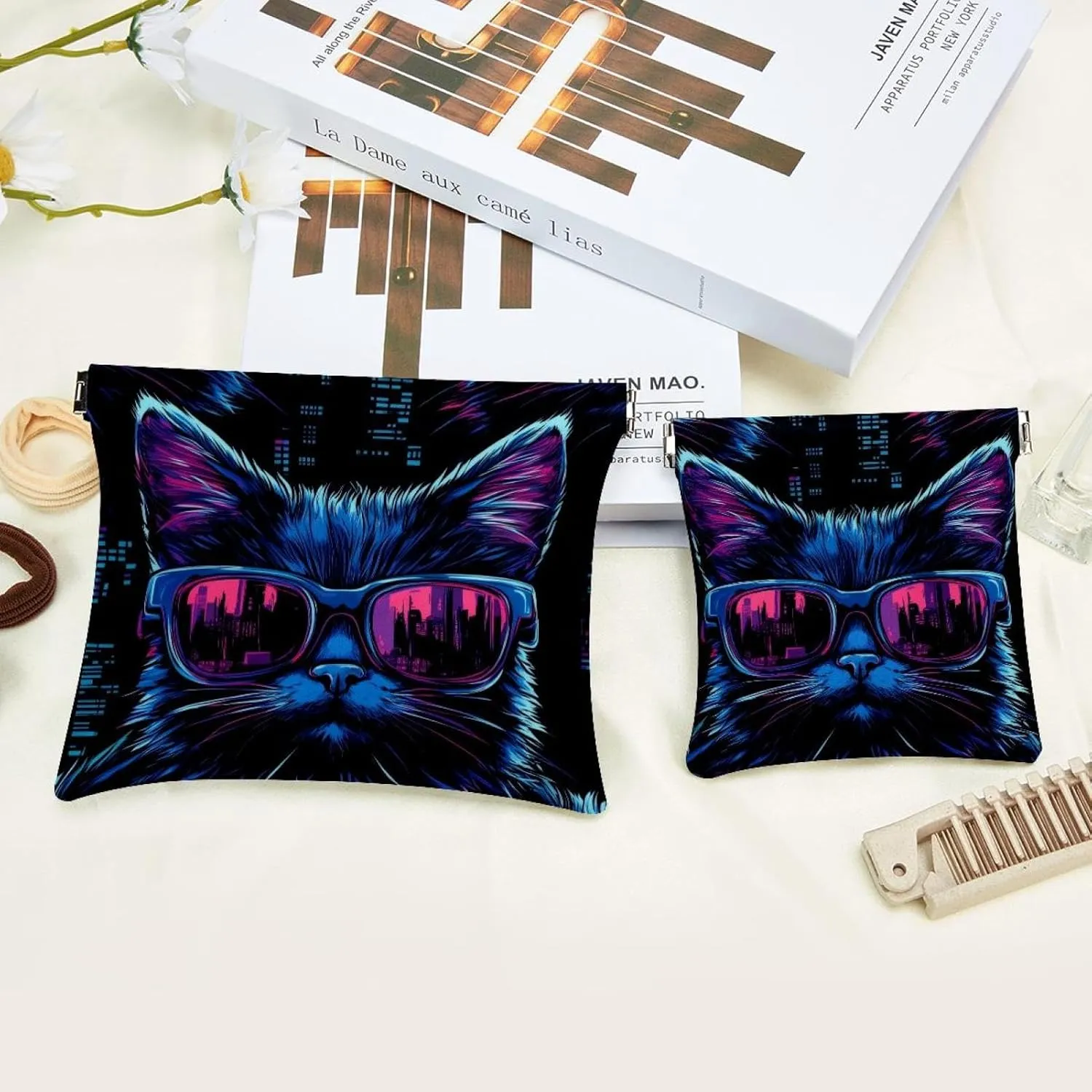 Women’s Pocket Cosmetic Bags, Waterproof Leather Makeup Bag No Zipper Self-Closing Makeup Pouch for Girls, Mini Bag for Purse - Cool Kitten Faces with Sunglasses