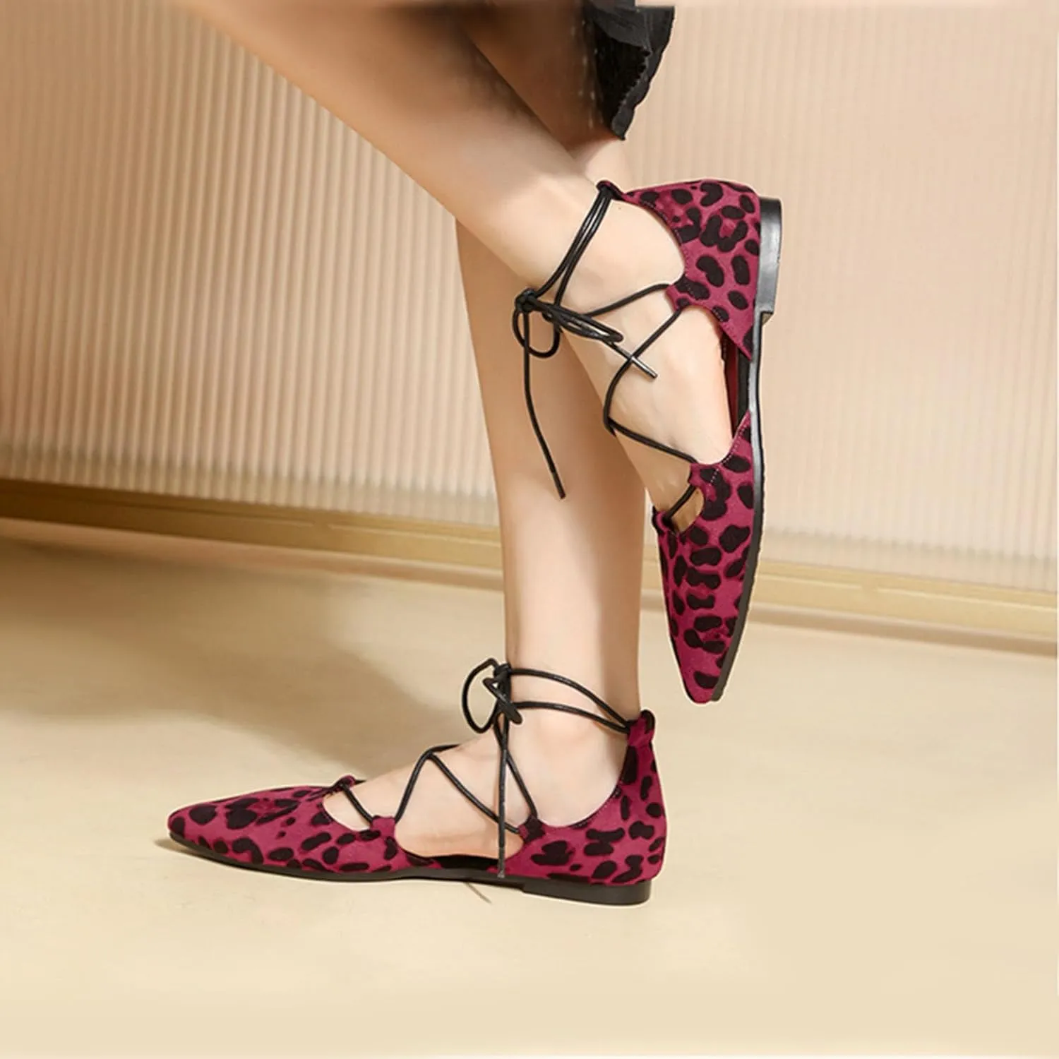 Women's Pointy Toe Ballet Flats Cross Strap Wrap Ballerina Shoes Faux Suede Lace Up Closed-Toe Flat Strappy Sandals