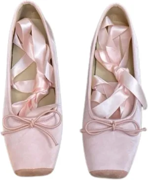 Women's Satin Ballet Flats Bow Closed Square Toe Party Ballet Dress Shoes Women’s lace up Ballet Flats