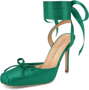 Women's Satin Ballet Heels Ballerina Bow Closed Square Toe Strappy Stiletto High Slingback Lace Up Ankle Strap Wrap Around Spiral Mary Janes Pumps Dress Shoes