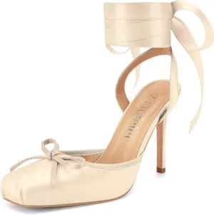 Women's Satin Ballet Heels Ballerina Bow Closed Square Toe Strappy Stiletto High Slingback Lace Up Ankle Strap Wrap Around Spiral Mary Janes Pumps Dress Shoes