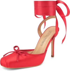 Women's Satin Ballet Heels Ballerina Bow Closed Square Toe Strappy Stiletto High Slingback Lace Up Ankle Strap Wrap Around Spiral Mary Janes Pumps Dress Shoes