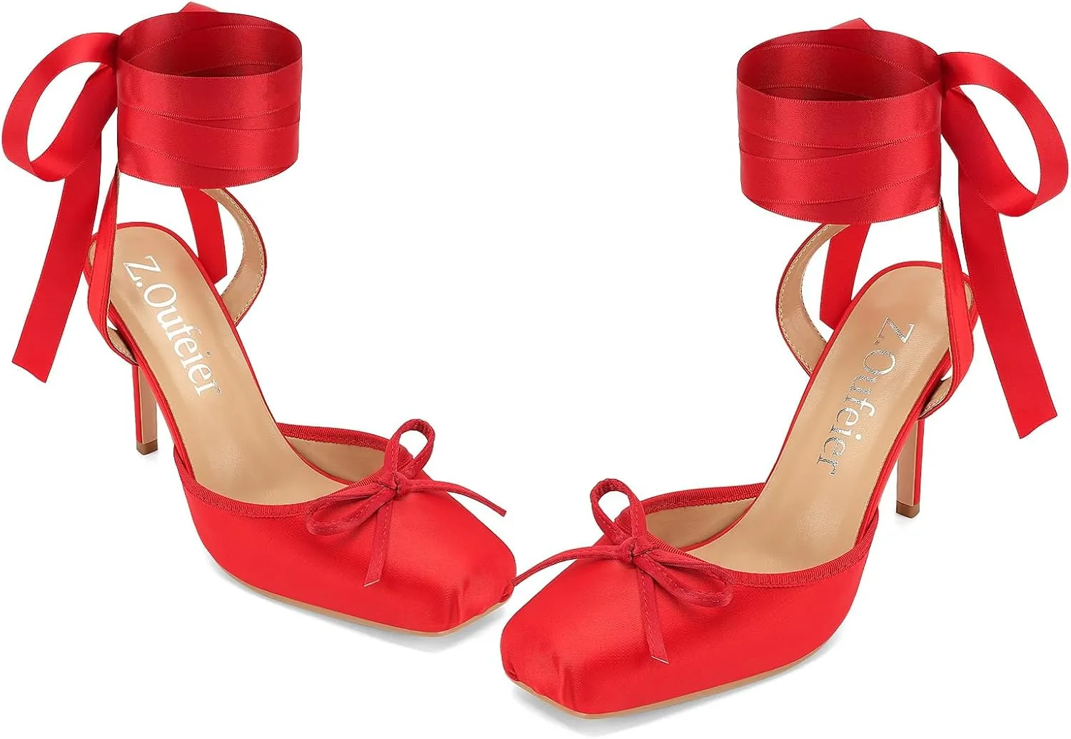 Women's Satin Ballet Heels Ballerina Bow Closed Square Toe Strappy Stiletto High Slingback Lace Up Ankle Strap Wrap Around Spiral Mary Janes Pumps Dress Shoes