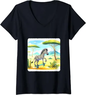 Womens Zebra Skateboarding In Savanna, Acacia Trees. Skateboard V-Neck T-Shirt
