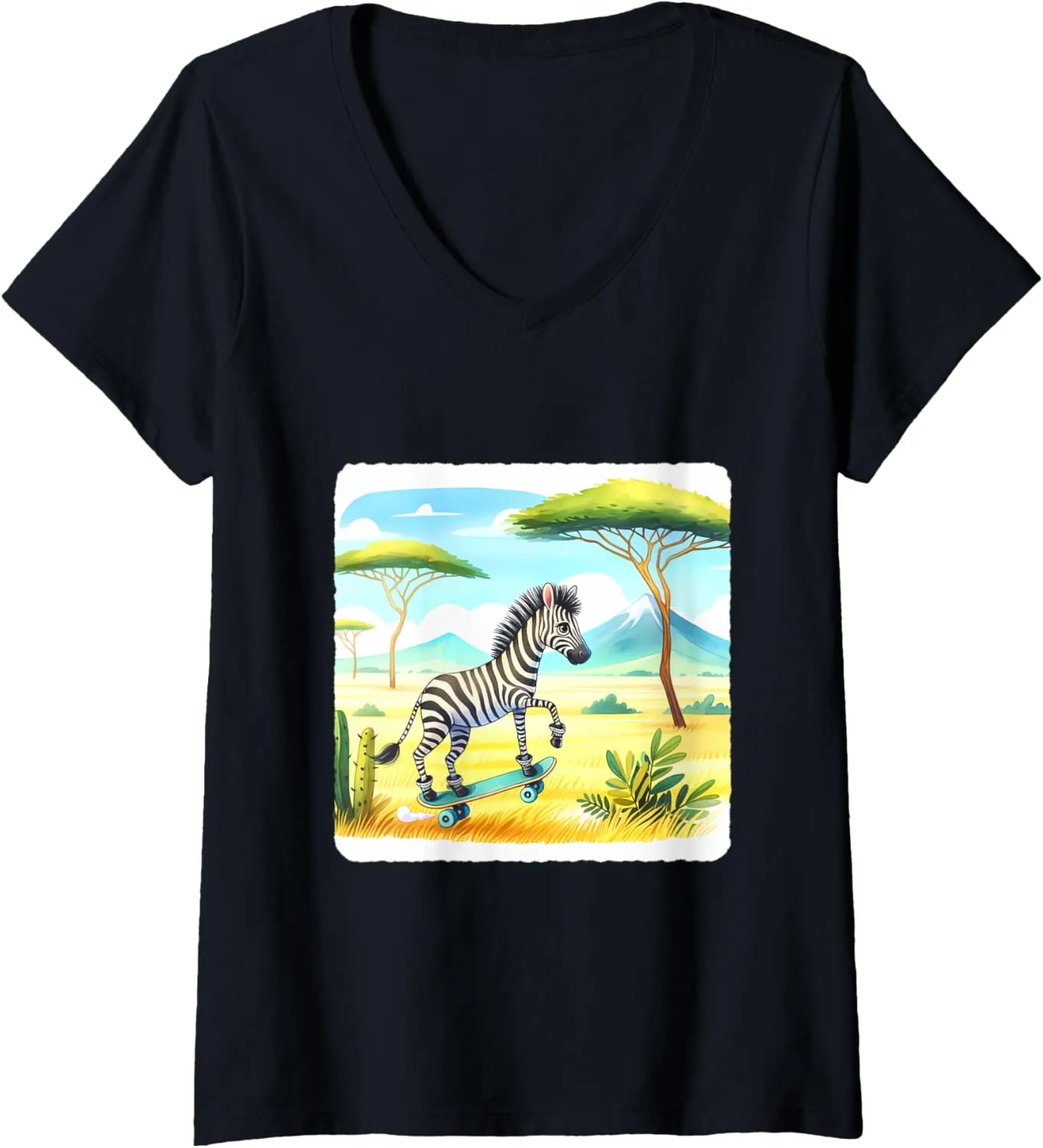 Womens Zebra Skateboarding In Savanna, Acacia Trees. Skateboard V-Neck T-Shirt