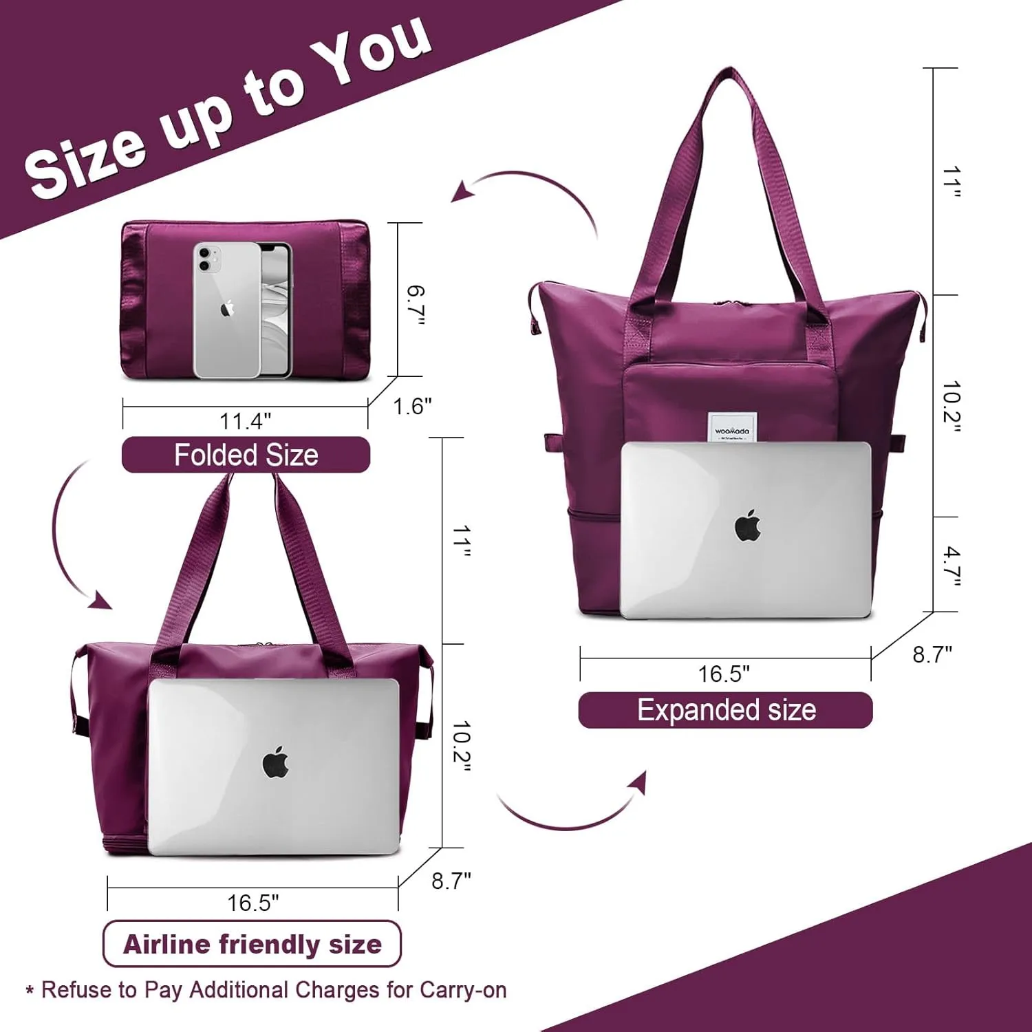WOOMADA Foldable Travel Duffel, Weekender & Carry-On Bag with Expandable Space