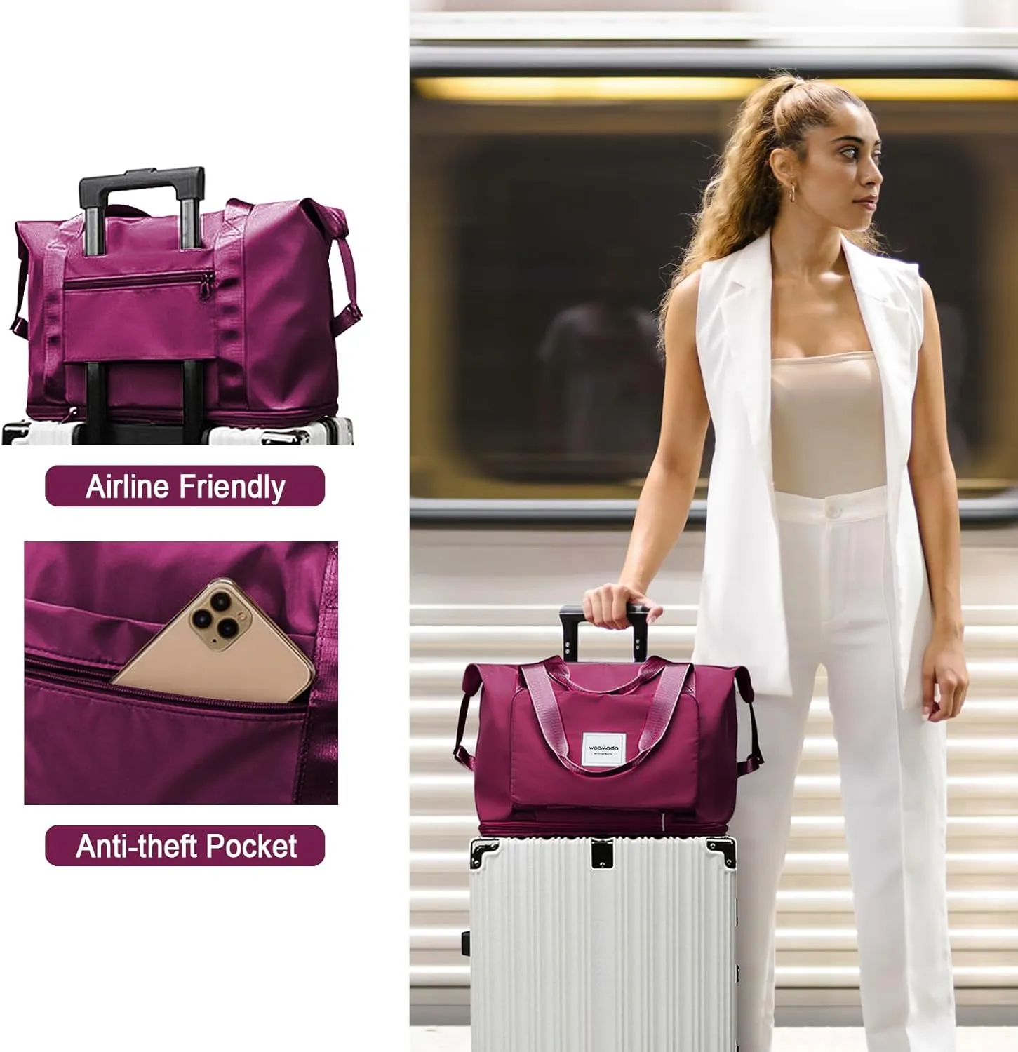 WOOMADA Foldable Travel Duffel, Weekender & Carry-On Bag with Expandable Space