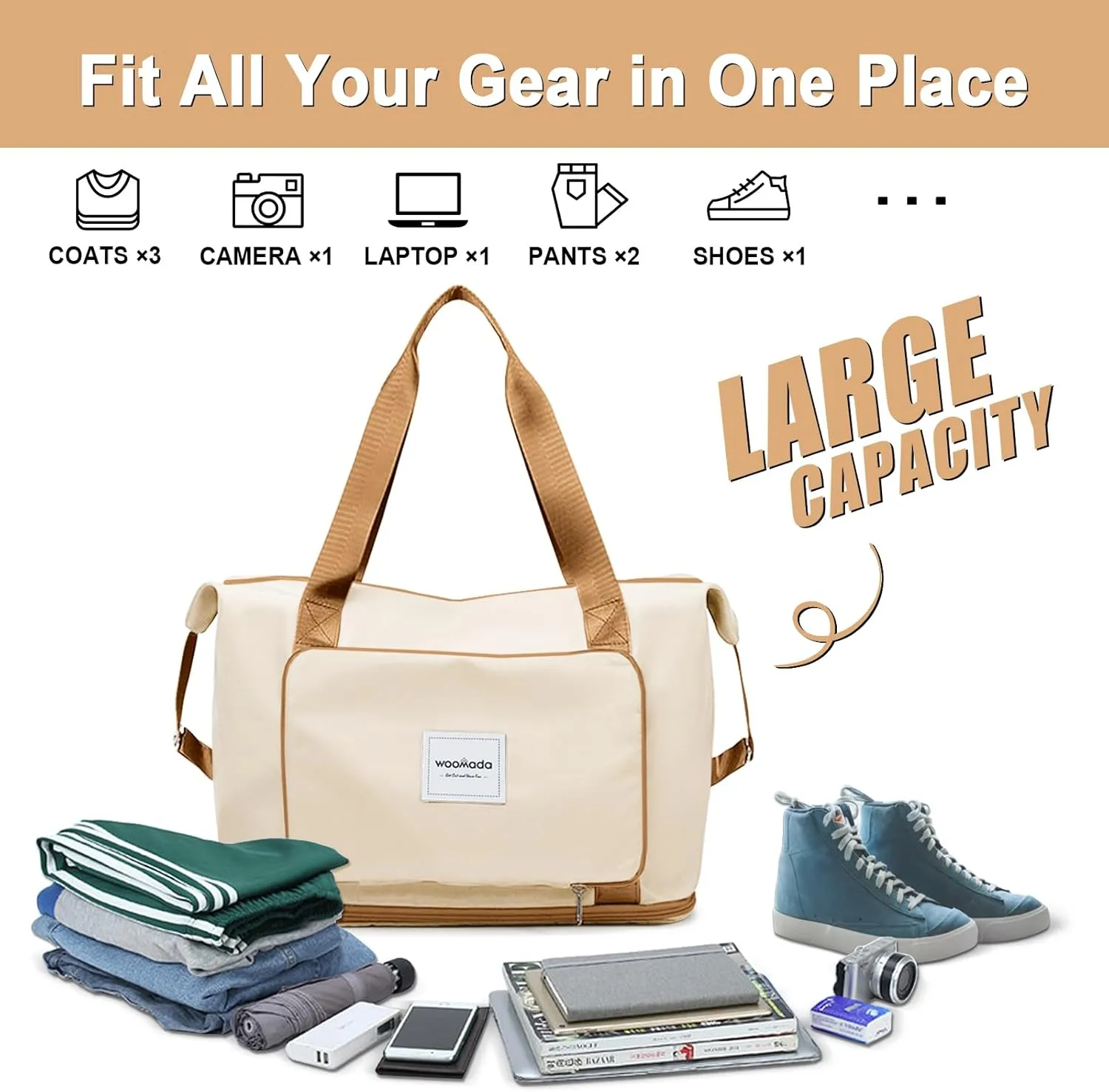 WOOMADA Foldable Travel Duffel, Weekender & Carry-On Bag with Expandable Space