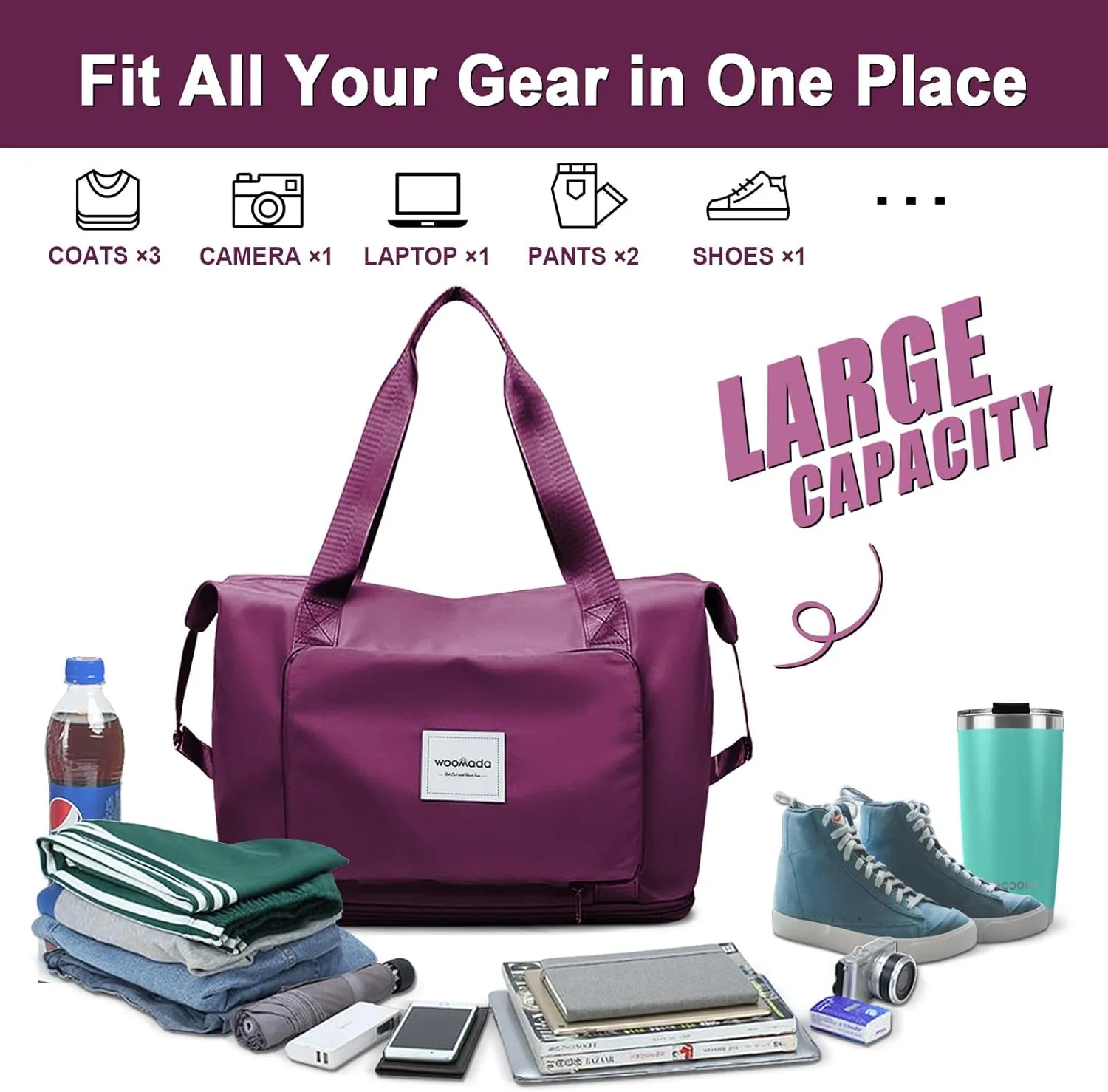 WOOMADA Foldable Travel Duffel, Weekender & Carry-On Bag with Expandable Space