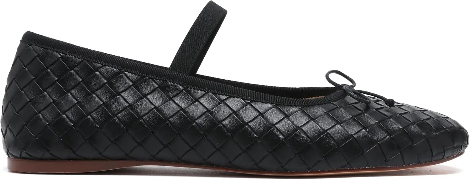 Woven Ballet Flats for Women Almond Toe Mary Jane Flats Stretch Band Bow Ballerina Shoes