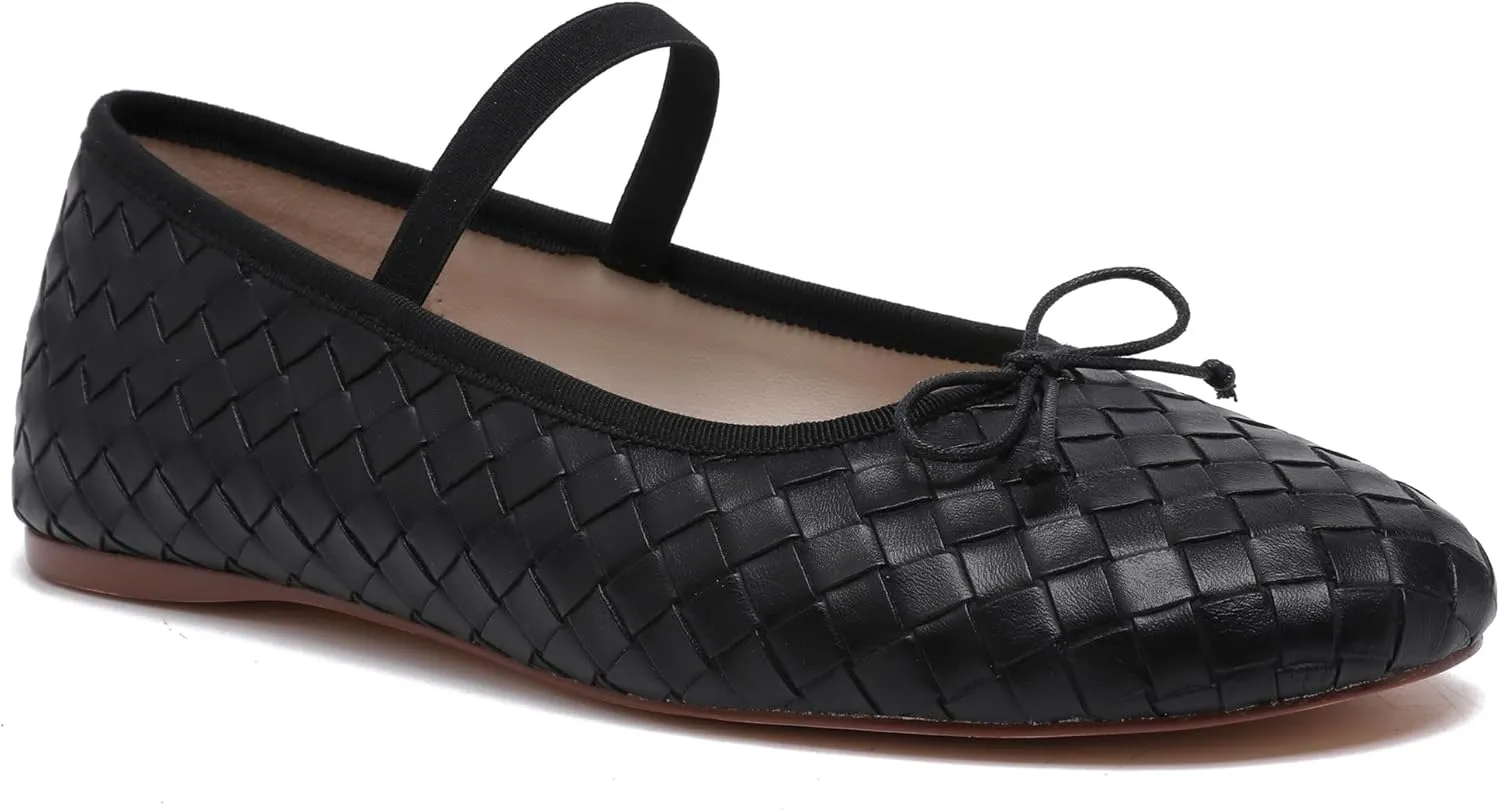 Woven Ballet Flats for Women Almond Toe Mary Jane Flats Stretch Band Bow Ballerina Shoes