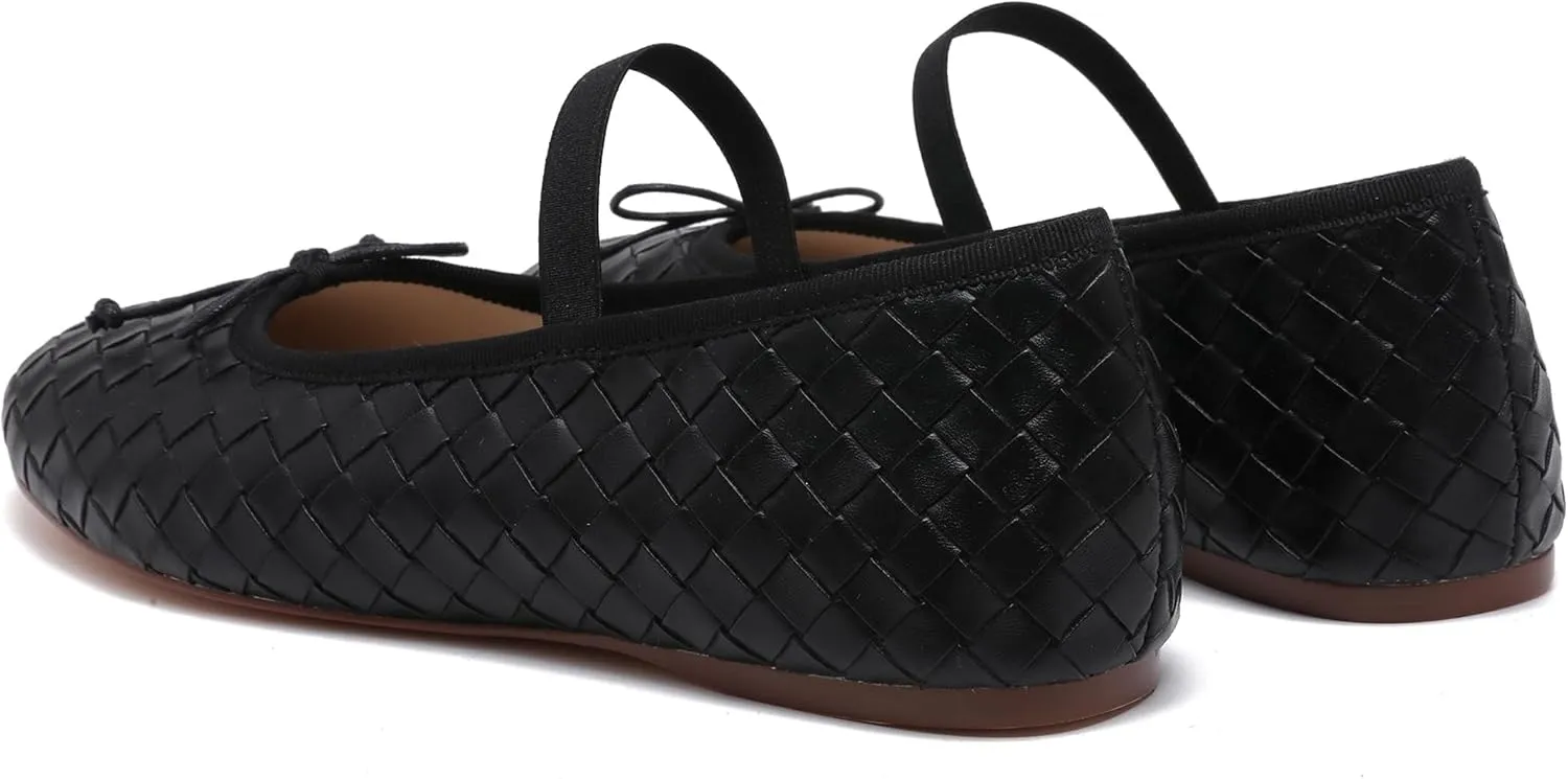 Woven Ballet Flats for Women Almond Toe Mary Jane Flats Stretch Band Bow Ballerina Shoes