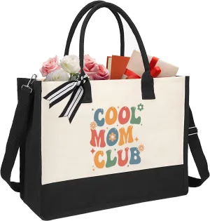 XIKAINUO Mothers Day Gifts from Daughter Son, Cool Mom Club Canvas Tote Bag Shopping Bag with Zipper for Women Mother Birthday Christmas, Best Mom Ever Gifts Handbag Mom