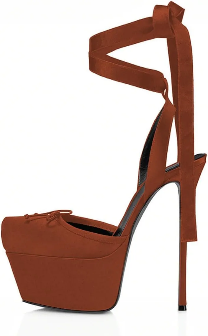 XYD Women Ribbon Lace-up Pumps Square Toe Ankle Strappy Bowknot Platform Stiletto Heels Evening Prom Shoes