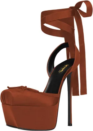 XYD Women Ribbon Lace-up Pumps Square Toe Ankle Strappy Bowknot Platform Stiletto Heels Evening Prom Shoes