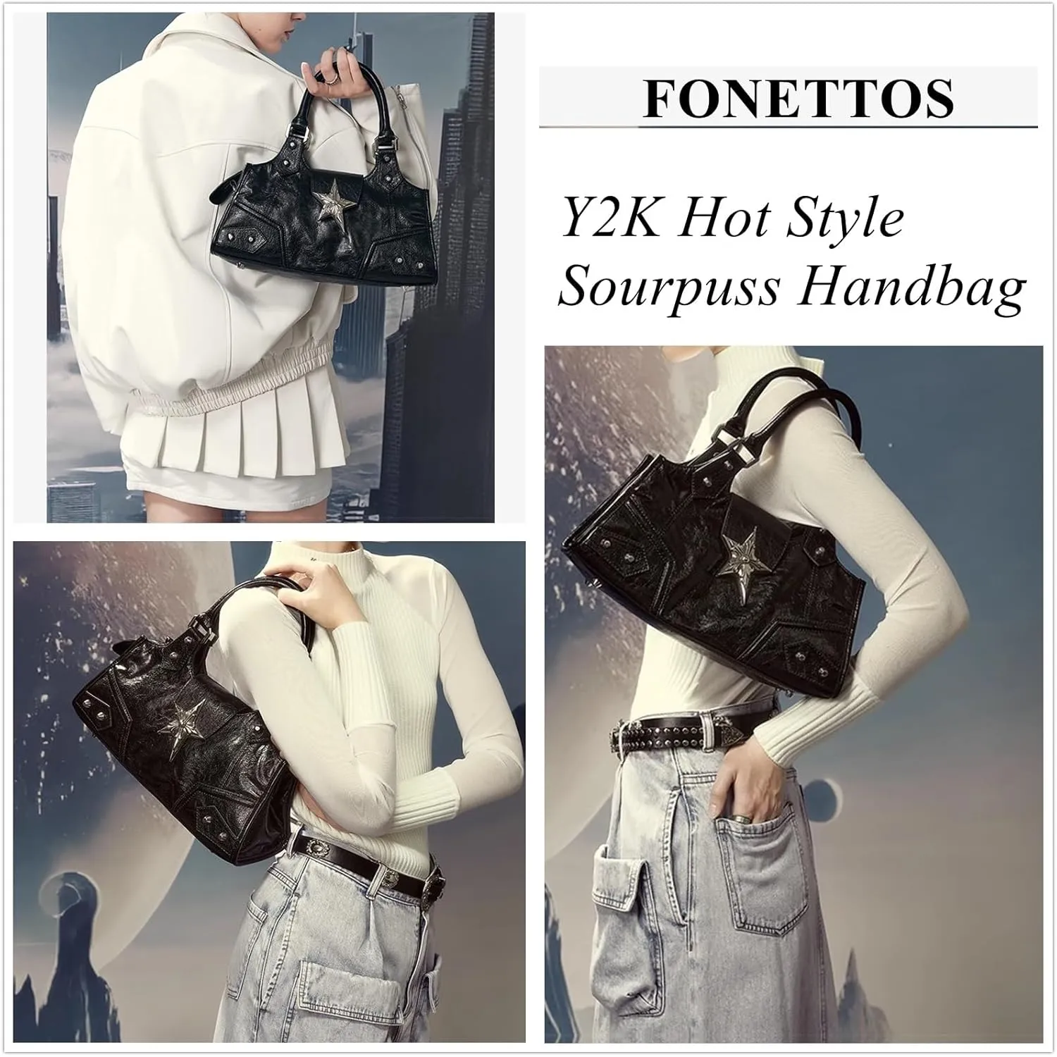 Y2K Punk Bag Girls, Sourpuss Gothic Tote Handbag Star Purse Cool Style Trendy Women Shoulder Purse Rock Fashion