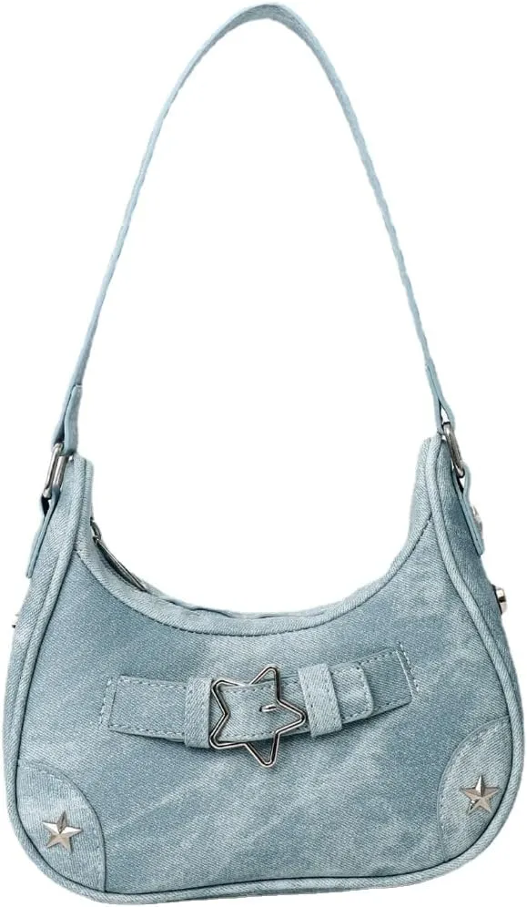 Y2k Women's Handbags Stars Sling Bags Vintage Korean Shoulder Bag Cool Girls Canvas Small Shoulder Bags Chain Tote Purses (blue)
