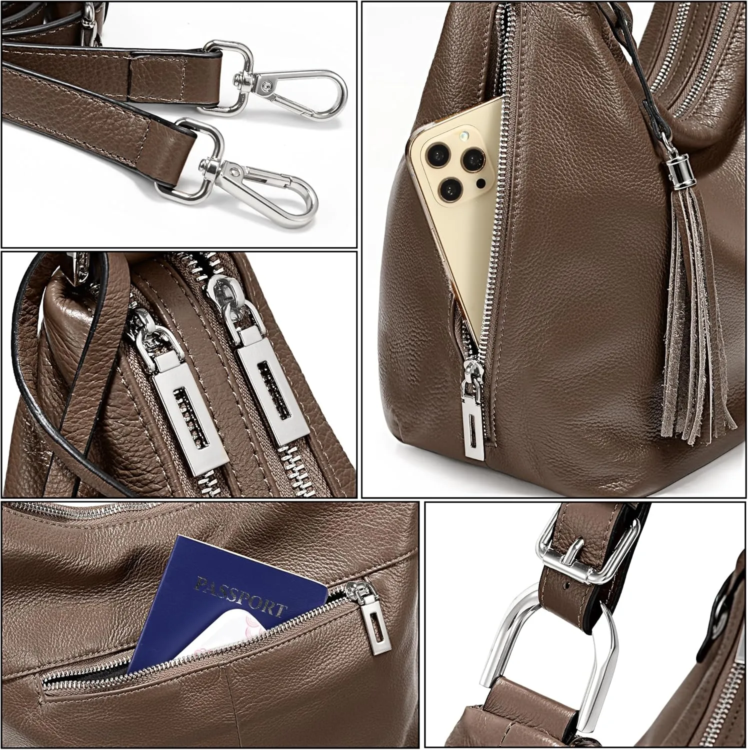 YALUXE Women's Genuine Leather Hobo Handbags Purses Shoulder Bags Cross-body Bags with Double Zippered Pockets