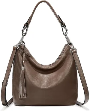YALUXE Women's Genuine Leather Hobo Handbags Purses Shoulder Bags Cross-body Bags with Double Zippered Pockets