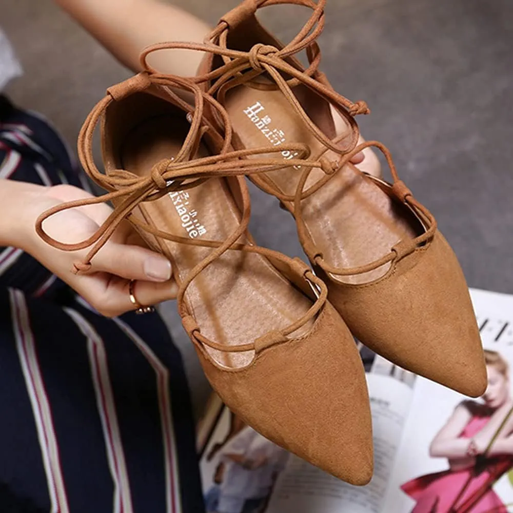 YIBLBOX Womens Sandal Pointy Toe Ankle Strap Wrap Ballet Flats Lace Up Wedding Party Sandals