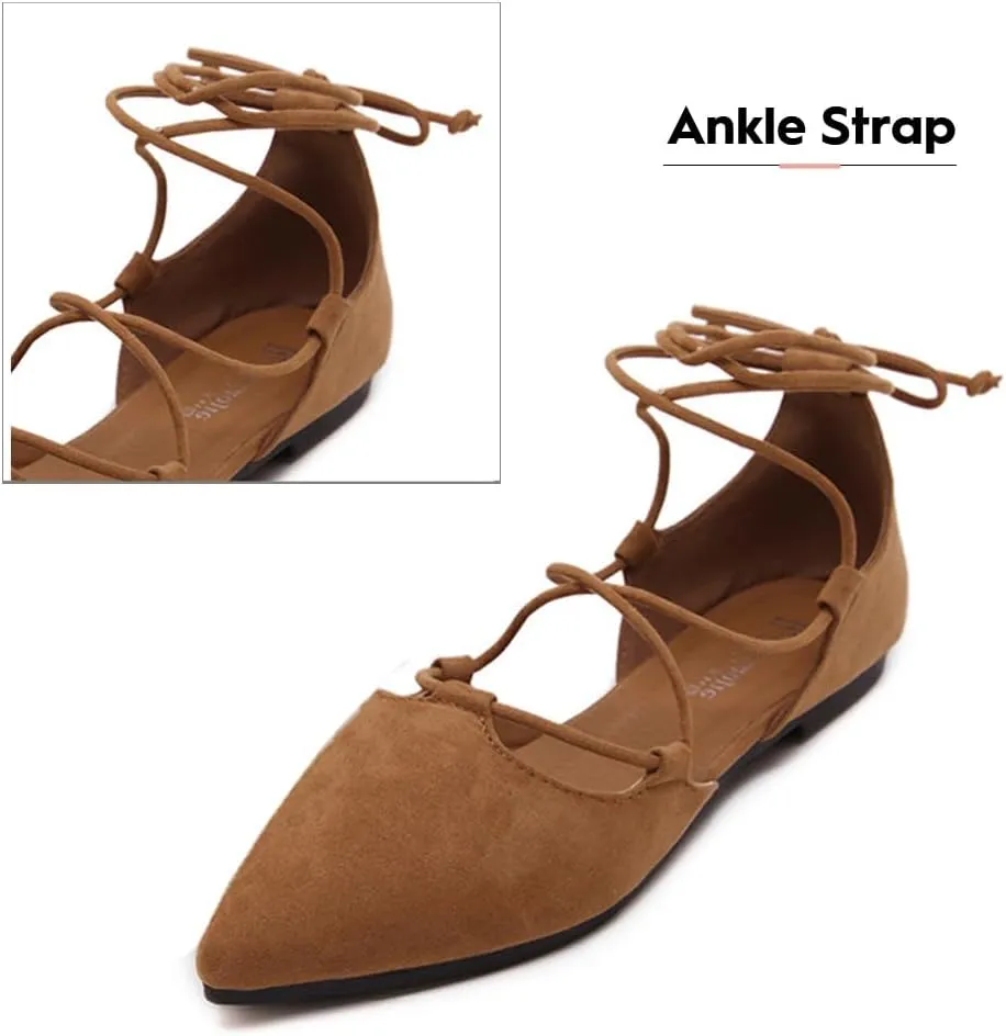 YIBLBOX Womens Sandal Pointy Toe Ankle Strap Wrap Ballet Flats Lace Up Wedding Party Sandals