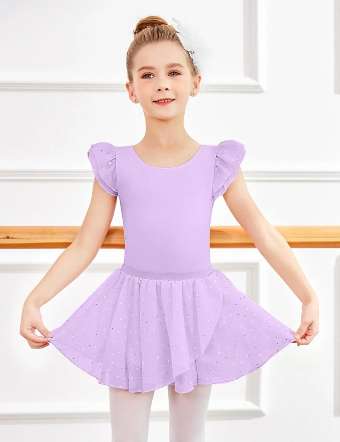 Zaclotre Girls Ballet Leotards Toddler Ruffle Sleeve Bow Back Dance Outfits Leotard with Removable Shinny Skirt Combo