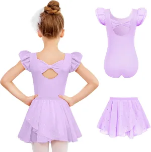 Zaclotre Girls Ballet Leotards Toddler Ruffle Sleeve Bow Back Dance Outfits Leotard with Removable Shinny Skirt Combo