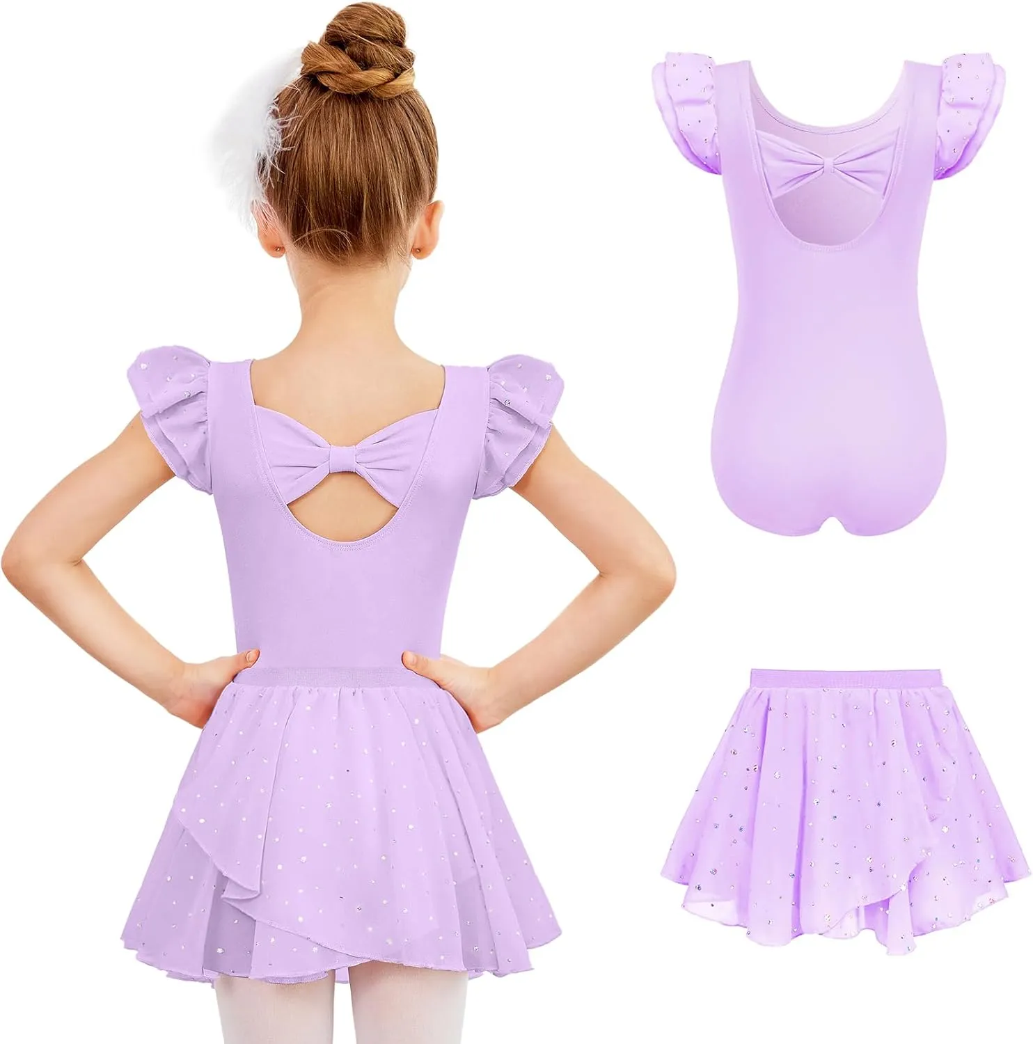 Zaclotre Girls Ballet Leotards Toddler Ruffle Sleeve Bow Back Dance Outfits Leotard with Removable Shinny Skirt Combo