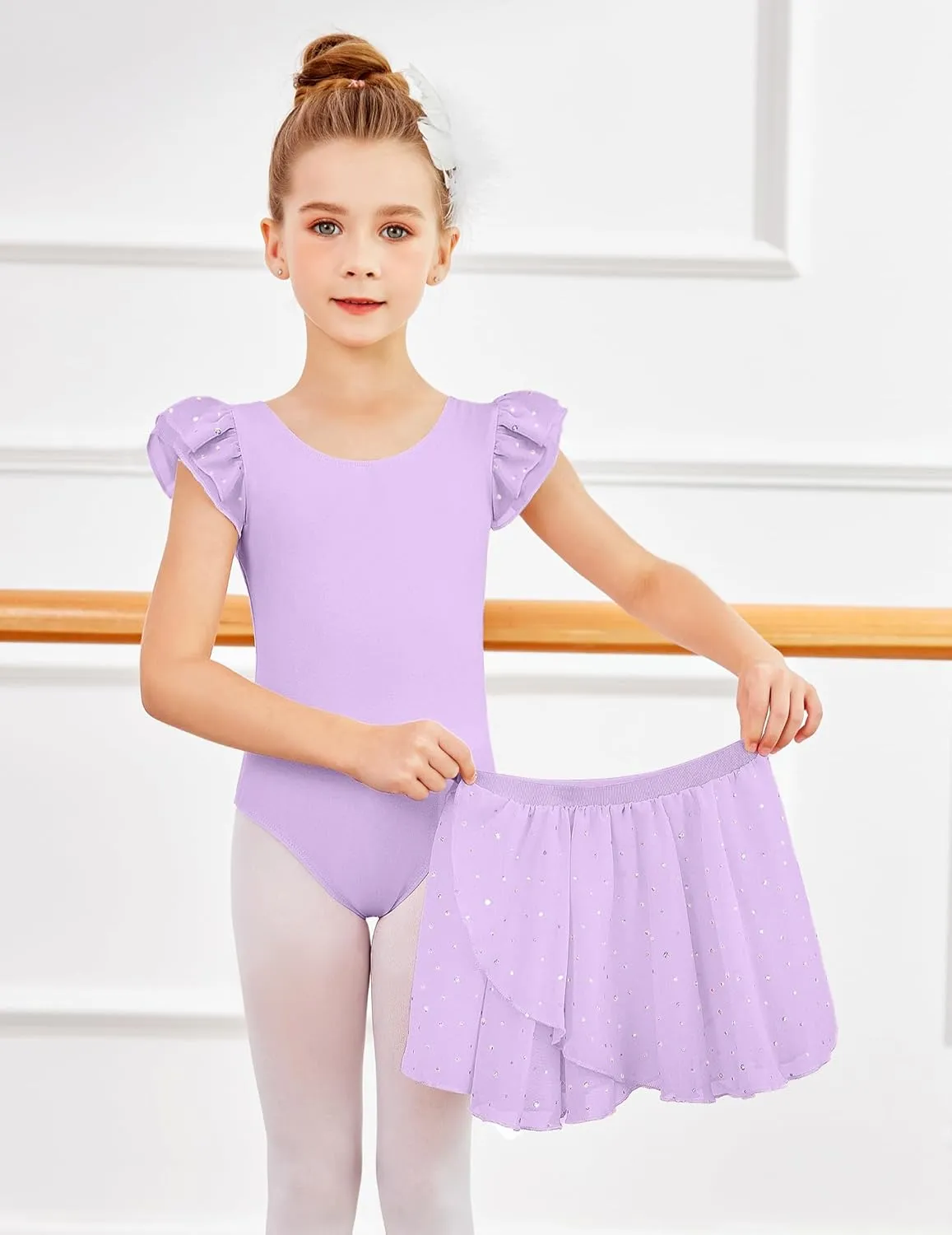 Zaclotre Girls Ballet Leotards Toddler Ruffle Sleeve Bow Back Dance Outfits Leotard with Removable Shinny Skirt Combo