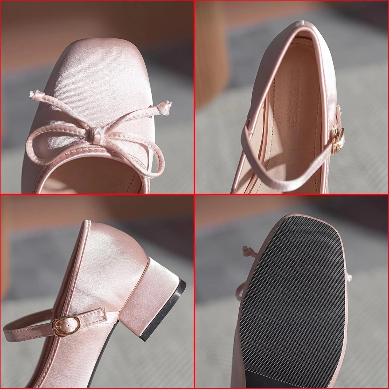 Zeberfi Women's Satin Bow Tie Low Chunky Heel Mary Jane Pumps Fashion Square Toe Shallow Mouth Adjustable Buckle Strap Low Block Heels Business Wedding Ballet Dress Shoes