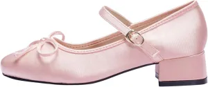 Zeberfi Women's Satin Bow Tie Low Chunky Heel Mary Jane Pumps Fashion Square Toe Shallow Mouth Adjustable Buckle Strap Low Block Heels Business Wedding Ballet Dress Shoes