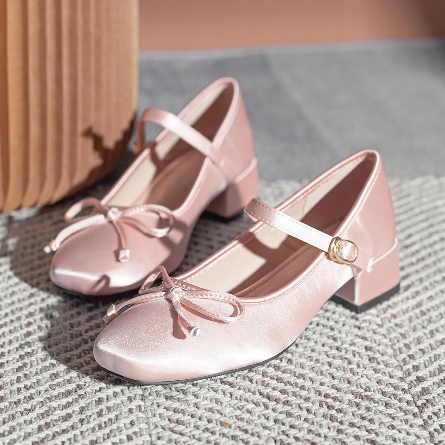 Zeberfi Women's Satin Bow Tie Low Chunky Heel Mary Jane Pumps Fashion Square Toe Shallow Mouth Adjustable Buckle Strap Low Block Heels Business Wedding Ballet Dress Shoes