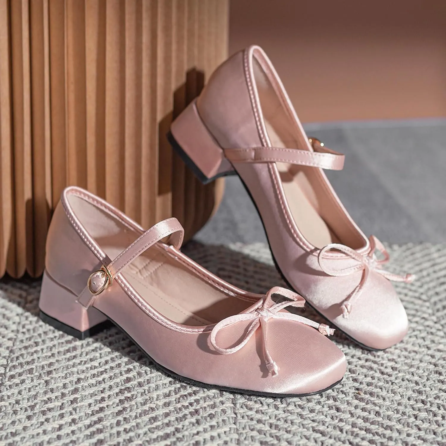 Zeberfi Women's Satin Bow Tie Low Chunky Heel Mary Jane Pumps Fashion Square Toe Shallow Mouth Adjustable Buckle Strap Low Block Heels Business Wedding Ballet Dress Shoes