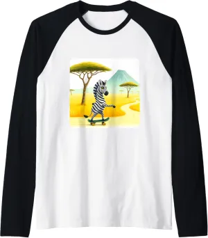 Zebra Skateboarding In Savanna, Acacia Trees. Skateboard Raglan Baseball Tee