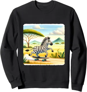 Zebra Skateboarding In Savanna, Acacia Trees. Skateboard Sweatshirt