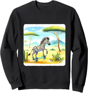 Zebra Skateboarding In Savanna, Acacia Trees. Skateboard Sweatshirt